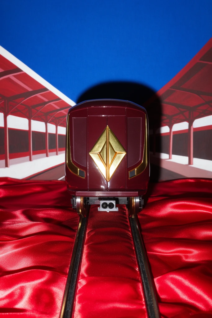 A sleek, hyper-stylized train with a prominent metallic gold geometric crest rests on sharply defined tracks at a surreal station platform. The symmetrical, dead-center train features a glossy, deep maroon finish, catching the intense, direct frontal flash lighting. The platform dominating the lower half of the composition is draped entirely in highly reflective, undulating crimson satin fabric. Behind the train, a flat, theatrical set-design backdrop displays painted, angular station architecture in deep red and stark white, contrasting sharply against a vibrant, solid cobalt blue upper wall. The harsh, artificial studio lighting casts a hard, dense black drop shadow of the train directly onto the flat backdrop behind it, emphasizing an avant-garde, pop-art diorama aesthetic through aggressive color blocking and distinct material contrasts between the glossy foreground silk and the matte, canvas-like background elements.