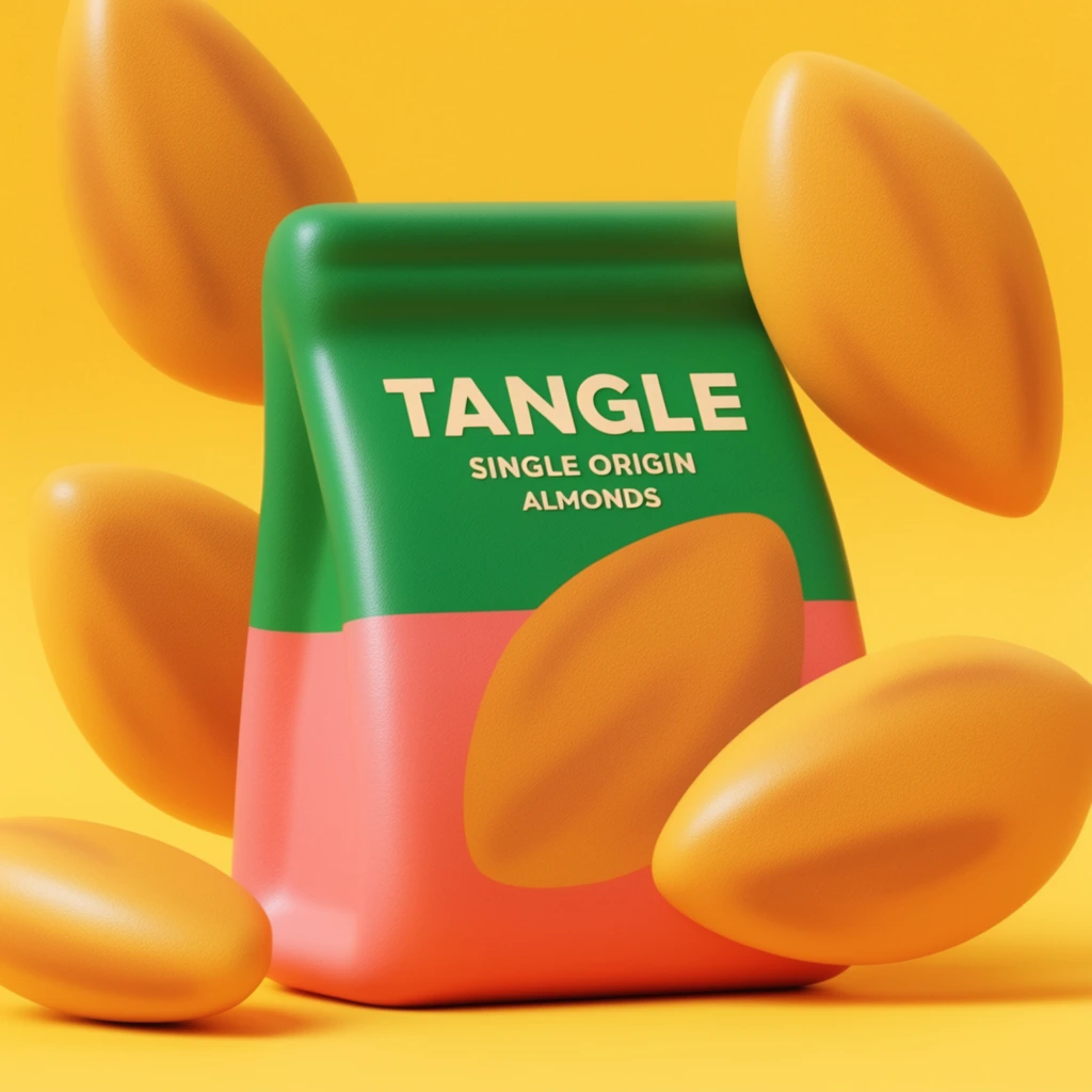 A bold, chunky, 3D-rendered bag of Tangle single origin chocolate surrounded by floating almonds suspended in a seamless, bright yellow space. The central, oversized chocolate pouch features thick, softly rounded edges, a high-contrast Kelly green and warm coral pink color block design, and displays the clear text "TANGLE", "SINGLE ORIGIN", and "ALMONDS". Large, geometrically simplified yellow-orange almonds hover dynamically around the packaging. The scene exists within a purely abstract studio environment bathed in an intense, sunny yellow hue. The rendering mimics a high-end designer toy aesthetic, defined by primitive geometric proportions, exaggerated soft curves, and a distinct tactile micro-grain stippled texture across all matte surfaces. Soft, highly diffused directional lighting generates smooth volumetric gradients, deep ambient occlusion where elements intersect, and precise glossy specular highlights on the outer rounded contours, completing a premium, tactile, vinyl-like finish.
