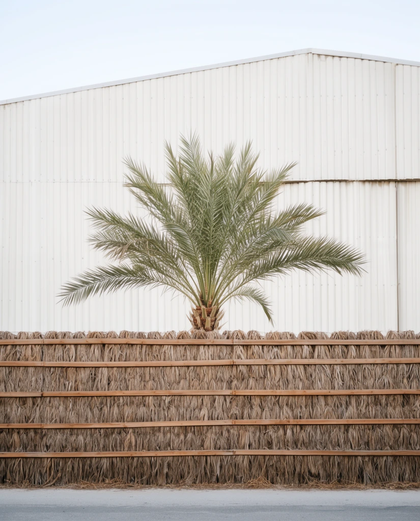 A date palm tree rises behind a woven dried-frond fence with horizontal wooden slats. Behind the tree sits a large industrial building with corrugated white metal siding under a pale sky. Captured with a straight-on, flat perspective in soft, diffused natural light, the minimalist composition highlights muted earthy browns, soft greens, and stark white against a sliver of grey pavement.