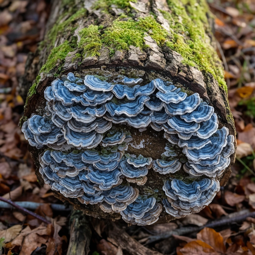 Dense, overlapping fan-shaped bracket fungi cascade across the broken end of a fallen forest log. The ruffled mushrooms display striking concentric bands of slate blue, grey, and white. Thick, deeply fissured bark topped with vibrant green moss frames the fungal growth. A softly blurred background reveals a woodland floor scattered with dry brown autumn leaves and twigs, captured with natural woodland lighting and a shallow depth of field to emphasize the intricate organic textures.