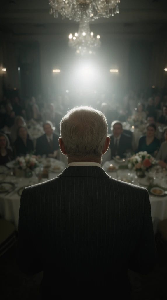 Viewed from behind, an older man in a pinstriped suit faces a seated audience in a dimly lit banquet hall. An intense, blinding backlight shines directly ahead, creating volumetric haze and a glowing halo around his head. The cinematic, widescreen shot uses shallow depth of field to blur the attendees at round white tables with floral centerpieces, set beneath elegant chandeliers in a muted, high-contrast atmosphere.