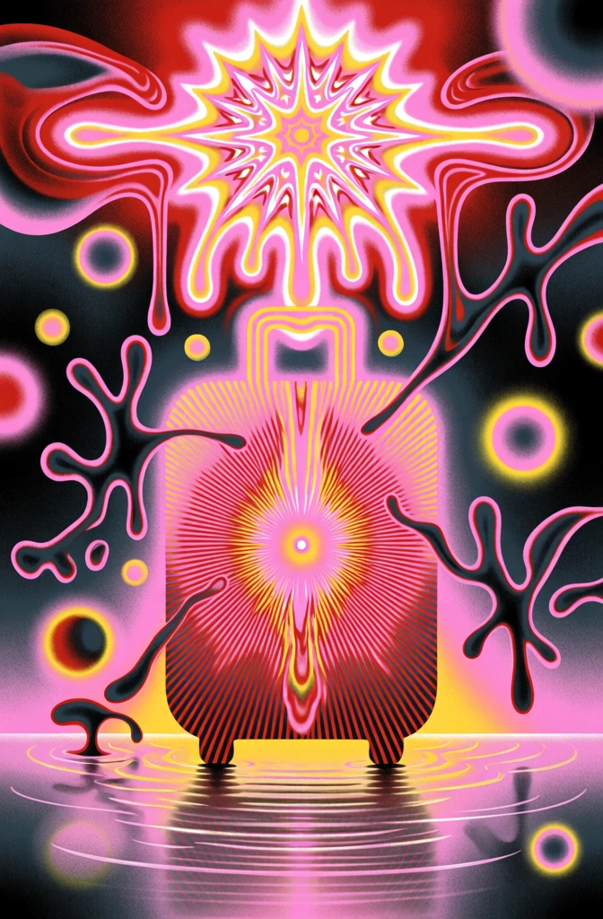 psychedelic maximalist digital illustration, a single suitcase silhouette on a wet surface of concentric stippled ripples, beneath a radiant solar starburst neon sign with melting liquid drips, heavy pointillism and airbrushed gradients of electric fuchsia and solar yellow against charcoal voids, spindly dendritic branch motifs, ethereal floating orbs with glowing halos, flat graphic perspective, fine-grain speckled atmosphere, high-contrast dreamlike lighting.