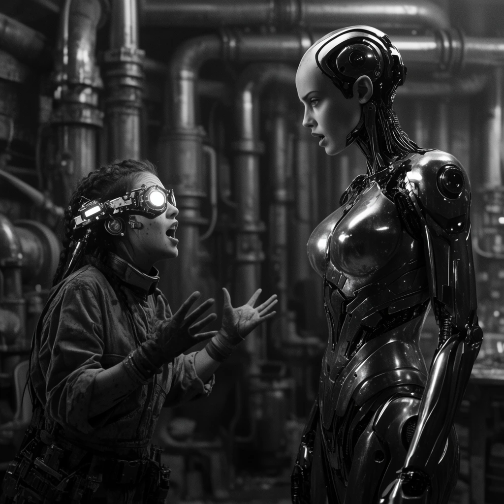 Two female figures argue in a stark monochrome sci-fi workshop. A short mechanic with glowing cyber-goggles gestures wildly at a tall cyborg in sleek metallic armor. Background features dense industrial pipes. High-contrast cinematic medium two-shot.