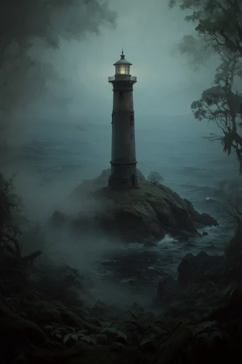 Misty Primeval Gothic style reference image — volumetric atmospheric lighting