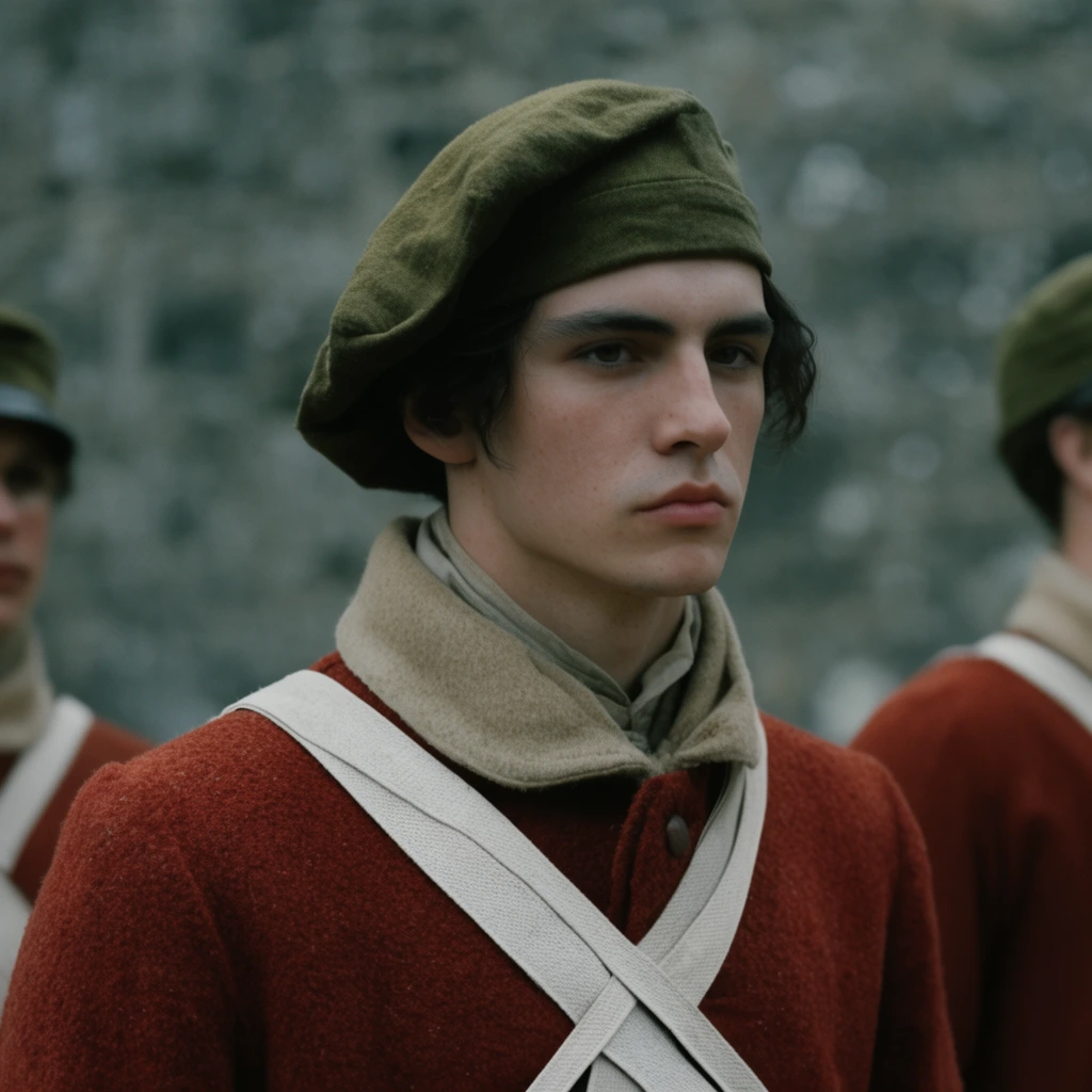 close-up portrait of a stoic young man, dark hair under a floppy olive-green cloth cap, textured rust-red wool coat with a high beige collar, white canvas cross-straps, shallow depth of field, muted cinematic colors, soft diffuse lighting, blurred grey stone wall background, partial figures in matching uniforms on edges