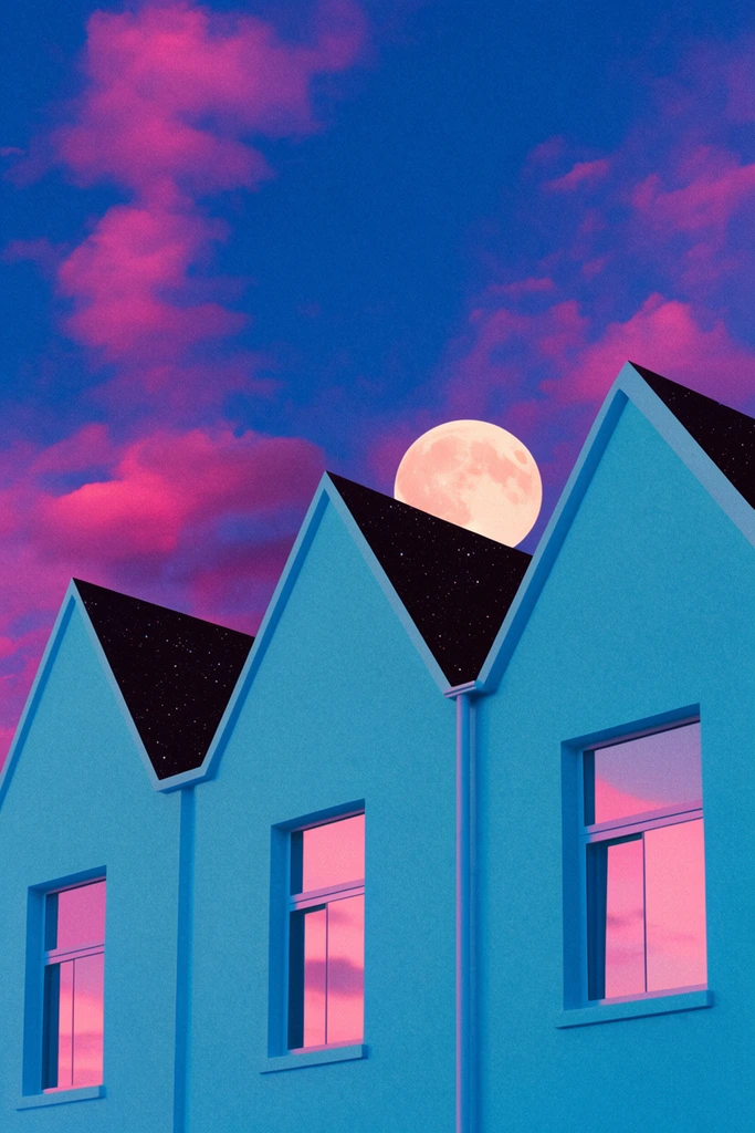 Three sharply peaked cyan building facades, glowing pale peach full moon behind the middle roof, deep blue sky with vibrant magenta clouds, surreal dark voids on the shaded sides of the roofs revealing a black starry night sky, rectangular windows reflecting the bright pink sunset, stark geometry, neon-pastel palette, prominent film grain texture