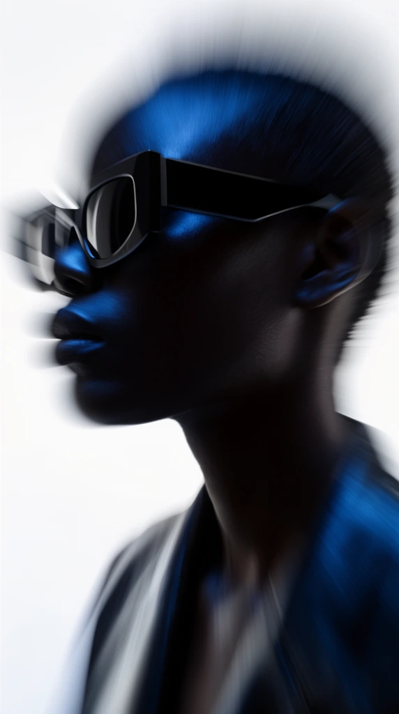 side profile portrait of a dark-skinned person, chunky geometric sunglasses, intense outward radial motion blur, stark white background, deep blue and black facial shadows, high contrast backlight, dynamic fashion photography, abstract minimalist style