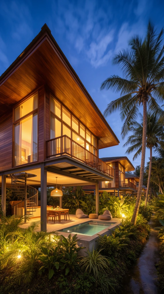 A two-story modern tropical villa elevated on steel pillars at twilight. The upper level boasts rich wood siding and expansive glass windows radiating warm yellow light, with a balcony overhanging an open-air ground floor. This lower patio features a dining area beneath a woven pendant lamp, a spiral staircase, and beanbag chairs beside a small rectangular plunge pool. Lush green tropical foliage and tall palm trees envelop the property, illuminated by glowing garden uplights. A narrow stream flows along the right edge, leading toward identical wooden villas receding into the background. Captured with a wide-angle lens from a low perspective, the architectural photography emphasizes the striking contrast between the inviting amber structural illumination and the deep blue evening sky with wispy clouds.