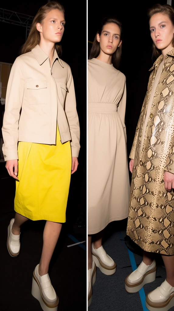 Diptych backstage fashion photography under harsh flash. One scene shows a walking model in a beige jacket and yellow skirt. The other features two models in a beige dress and snakeskin coat. Platform shoes, dark backgrounds.
