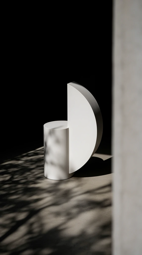 A minimalist white geometric object rests on a smooth floor bathed in dramatic sunlight against a pitch-black background. The structure features a cylindrical base intersecting with a large, smooth, semi-circular curved panel. Framed by an out-of-focus vertical light grey wall edge on the right, the composition is defined by intense chiaroscuro lighting. Strong direct light casts intricate, razor-sharp shadows of foliage across the floor, contrasting sharply with the pristine matte texture of the object. The moody architectural photography utilizes a shallow depth of field and high-contrast exposure to isolate the illuminated form within the deep surrounding void.