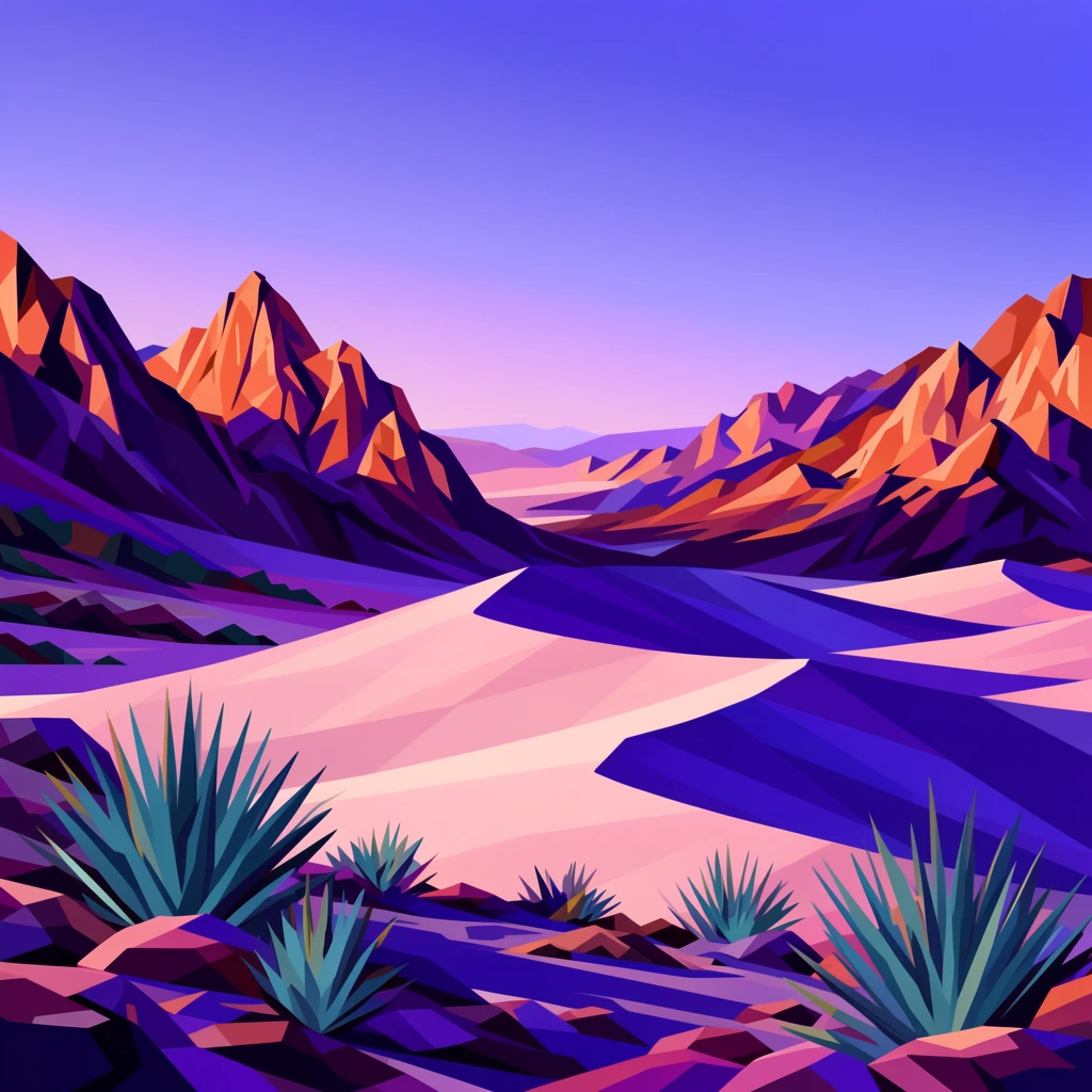 A vibrant desert landscape rendered in a geometric vector art style under a twilight gradient sky. Rolling sand dunes sweep across the valley floor, cast in shades of pale pink and deep indigo. Flanking the valley are jagged, faceted mountains with sharp peaks, their sunlit faces glowing in warm terracotta and bright orange against dark purple geometric shadows. Spiky desert plants with stiff teal leaves dot the rocky foreground. The composition uses hard-edged, flat-shaded polygons to define the terrain's volume, creating a striking low-poly aesthetic. The bold color palette is dominated by contrasting hues of violet, magenta, and peach, while the sky transitions smoothly from soft lilac at the horizon to a deep periwinkle overhead.