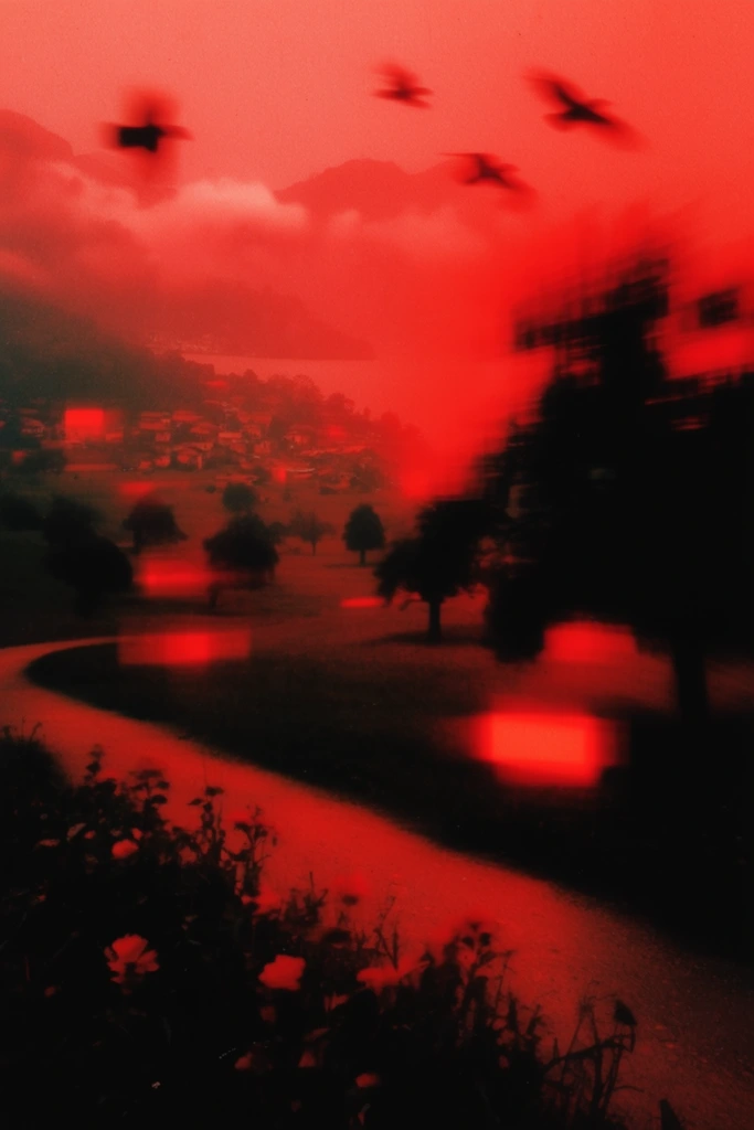 A winding path curves past deeply silhouetted foreground plants and a large tree, leading through dark plains dotted with scattered trees toward a clustered hillside settlement, distant water, mountainous peaks, and hazy clouds, with four motion-blurred birds flying across the upper sky. The entire scene is engulfed in an extreme, monochromatic crimson and pitch-black aesthetic, characterized by a highly saturated, glowing red atmospheric fog and deeply crushed black shadows. The landscape elements are rendered as heavy, obscured silhouettes with smeared, indistinct edges. Harsh, luminescent neon-red rectangular streaks and horizontal flares artificially illuminate patches of the environment, cutting through the heavy darkness. Severe directional motion blur, intense analog film grain, degraded low-fidelity textures, and dragged pixels dissolve the sharp details of the scenery into an abstract, expressionistic wash of pure red and black.