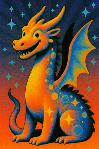 Vibrant Risograph Surrealism style reference image — vibrant orange and cyan