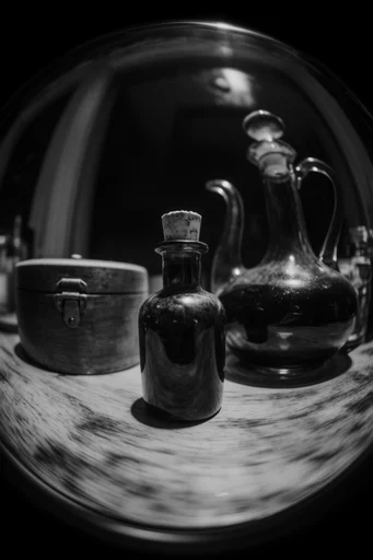 Distorted Monochrome Noir style reference image — extreme fisheye distortion