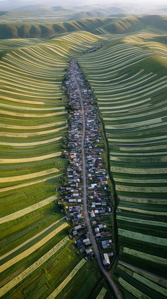 Aerial view of a long linear village stretching through a valley surrounded by undulating striped agricultural fields, densely packed houses with varied roofs clustered along a single winding road, vast rolling hills covered in narrow ribbon-like strips of farmland, alternating vibrant green and pale yellow crops creating a striking topographic zebra-stripe pattern, soft natural sunlight casting long shadows to emphasize terrain contours, distant hazy horizon, high-angle drone photography, highly geometric landscape