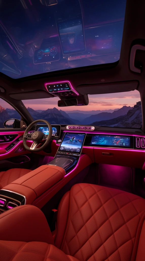 Opulent car interior, terracotta red quilted leather seats, ultra-wide ceiling screen, magenta ambient lighting, metallic accents, mountain twilight view