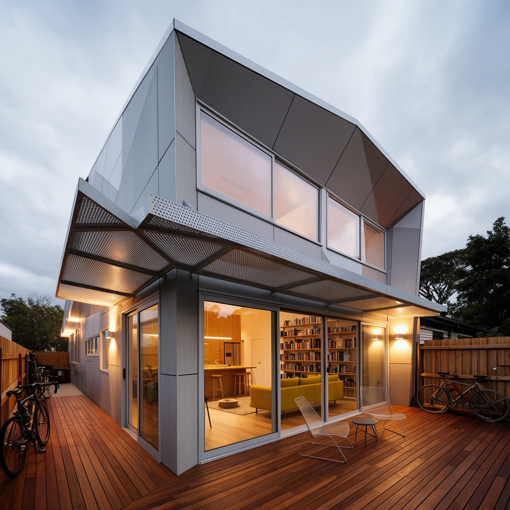 A modern, two-story residential building with a geometric gray-paneled facade opens onto a spacious wooden deck at dusk. The architecture features sharp angular lines and a prominent perforated metal awning jutting outward above expansive ground-floor sliding glass doors. Large floor-to-ceiling windows reveal a warmly lit interior containing a yellow sofa, tall bookshelves, and a wooden kitchen island. The rich brown wooden deck wraps around the structure, populated by two minimalist wireframe lounge chairs, a small circular table, and bicycles leaning against the siding and a wooden perimeter fence. Captured in a wide-angle architectural photography style, the composition contrasts the cool overcast twilight sky with the inviting golden glow of the interior and exterior wall sconces.