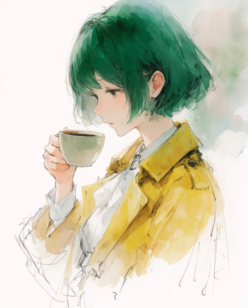 A sketchy digital watercolor illustration of a young woman in profile holding a ceramic coffee cup to her mouth. She has short emerald-green hair, a yellow trench coat, and a white blouse. She looks downward with a soft, contemplative gaze. The artwork uses loose impressionistic brushstrokes, delicate ink linework, and faded color washes blending into a minimalist white background. Her lower body dissolves into unfinished gestural pencil strokes.