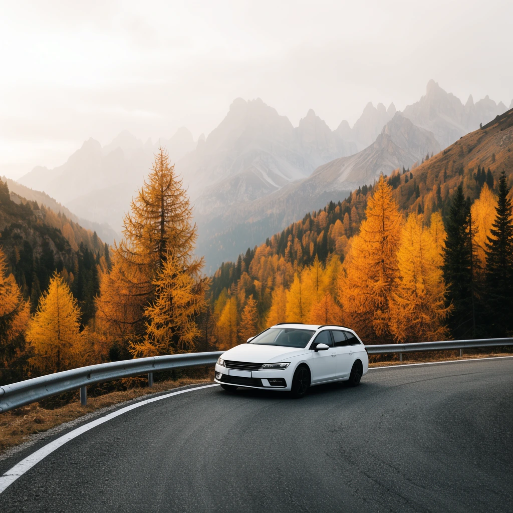 A white station wagon drives along a curving asphalt mountain road edged by a metal guardrail. The surrounding autumn landscape features vibrant golden larches, dark green pines, and distant jagged mountain peaks fading into a soft, hazy overcast sky.