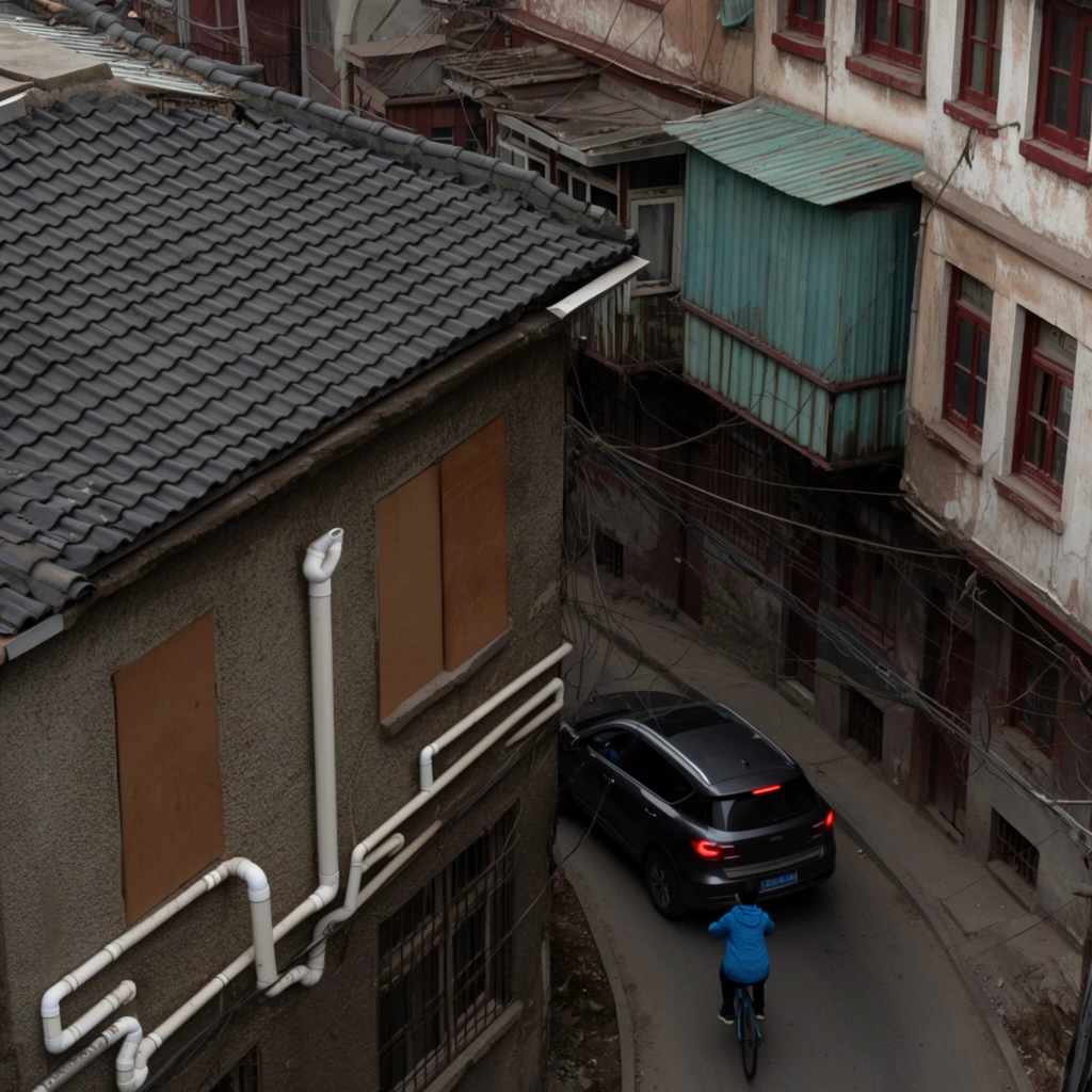 An elevated view captures a narrow, curving street in a densely built, weathered urban neighborhood. A multi-story building dominates the left, featuring dark gray scalloped roof tiles, rough stucco walls, and white PVC drainage pipes zig-zagging past windows sealed with flat brown panels. Across the street, an adjacent building displays peeling beige plaster, dark red wooden window frames, and a protruding balcony enclosed in faded teal corrugated metal. Tangles of overhead utility wires crisscross the narrow gap between the structures. Below, a person in a bright blue jacket rides a bicycle, followed closely by a dark gray SUV with illuminated red taillights. The scene is shot with documentary realism from a high-angle perspective, emphasizing tight architectural geometry. Diffused, overcast lighting casts soft shadows, highlighting gritty textures and a muted color palette punctuated by the blue jacket and red taillights.