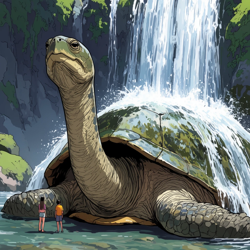 A colossal long-necked turtle rests at a waterfall base as water crashes over its shell. Two tiny figures stand near its wrinkled leg. The digital illustration features crisp line art and cel shading.