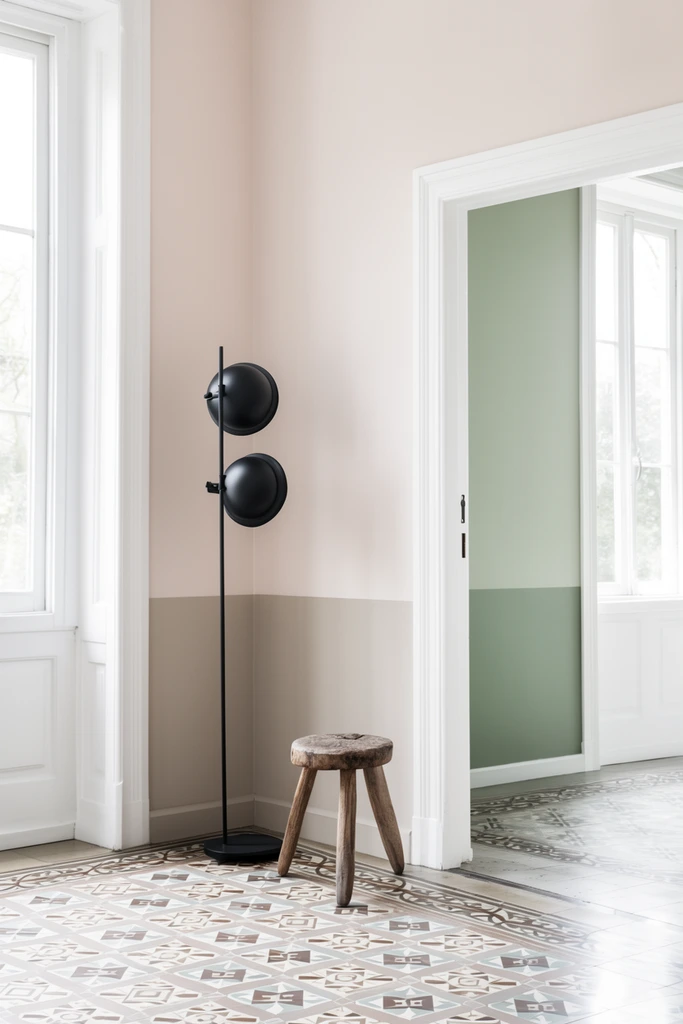 minimalist black dual-dome floor lamp, rustic wooden three-legged stool, bright interior corner, two-tone walls in pale blush and muted beige, open doorway revealing a sage green and white room, intricate geometric patterned floor tiles, tall windows, soft natural daylight, contemporary interior photography