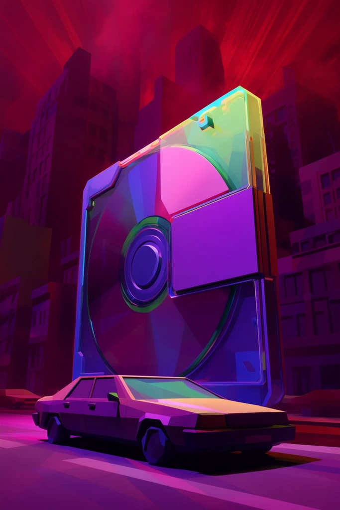 A colossal, geometric minidisc stands vertically as a monumental centerpiece, towering over a stylized, angular car positioned at street level, set against the towering architectural silhouettes of a dense cityscape. The scene is rendered in a vibrant, 3D low-poly aesthetic with slightly faceted, matte surfaces catching intense, theatrical illumination. Saturated neon magenta and deep electric purple hues dominate the environment, casting a heavy, hazy atmospheric glow over the surrounding geometric buildings. Sharp, dramatic rim lights in cyan and vibrant yellowish-green highlight the rigid edges of the minidisc's casing and the car's sleek chassis, creating stark high-contrast outlines against the deep crimson and dark violet shadows of the background. A dramatic low-angle perspective looks up at the central objects, emphasizing their massive scale within the retro-futuristic, digitally sculpted environment, while stylized, radiating streaks of crimson light texture the hazy sky above the city.
