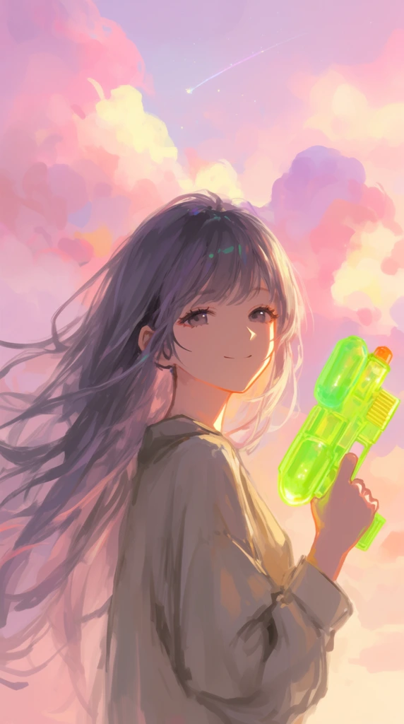 A digital painting of a young woman looking over her shoulder against a pastel sunset. She has long flowing purple-grey hair blowing in the wind and a serene smile. Her right hand holds a glowing translucent neon green water gun. She wears a loose neutral-toned shirt. Voluminous pink, purple, and pale yellow clouds fill the background with a faint shooting star above. Warm golden hour light edge-lights her face and hair. The painterly anime aesthetic uses loose brushstrokes and a dreamy ethereal palette.
