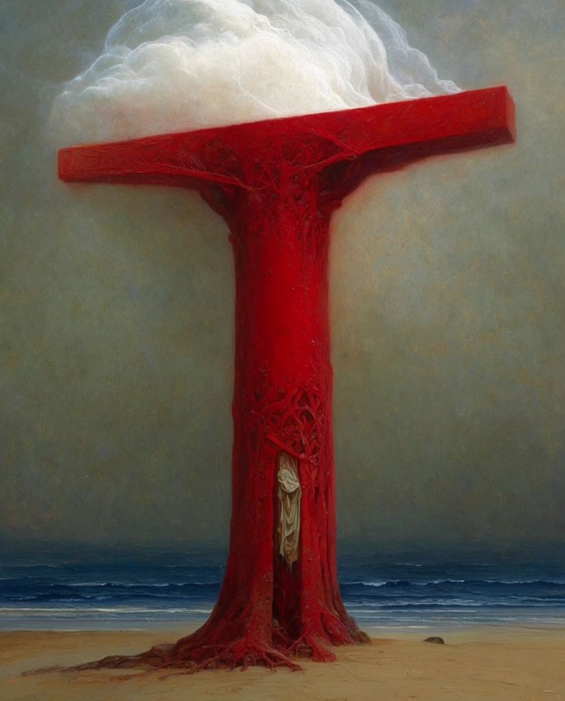 towering crimson monolith with a wide horizontal top beam on a desolate sandy beach, organic sinewy textures covering the vibrant red pillar, small pale draped fabric embedded near the lower trunk, dark blue ocean waves behind the structure, hazy mottled grey-green sky, massive ethereal white cloud billowing intensely from behind the upper crossbeam, surrealist oil painting style, haunting atmospheric lighting, heavily textured brushwork, centered symmetrical composition, imposing scale