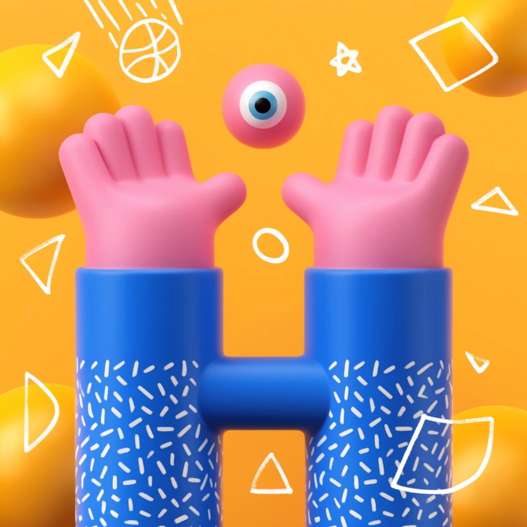 3D rendered symmetrical figure, two vertical blue cylindrical columns connected by a horizontal bridge, bulky pink stylized hands reaching upwards, lower sections covered in white dash patterns, floating pink sphere with a single eyeball above the center, glossy yellow spheres scattered on a vibrant yellow-orange background, overlaid with white hand-drawn doodles of a falling basketball and floating geometric shapes, playful mixed media illustration, smooth 3D shading, soft studio lighting