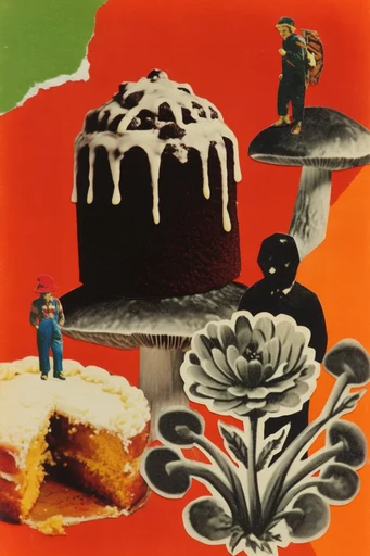 Gritty Surrealist Collage style reference image — distressed ink overlay