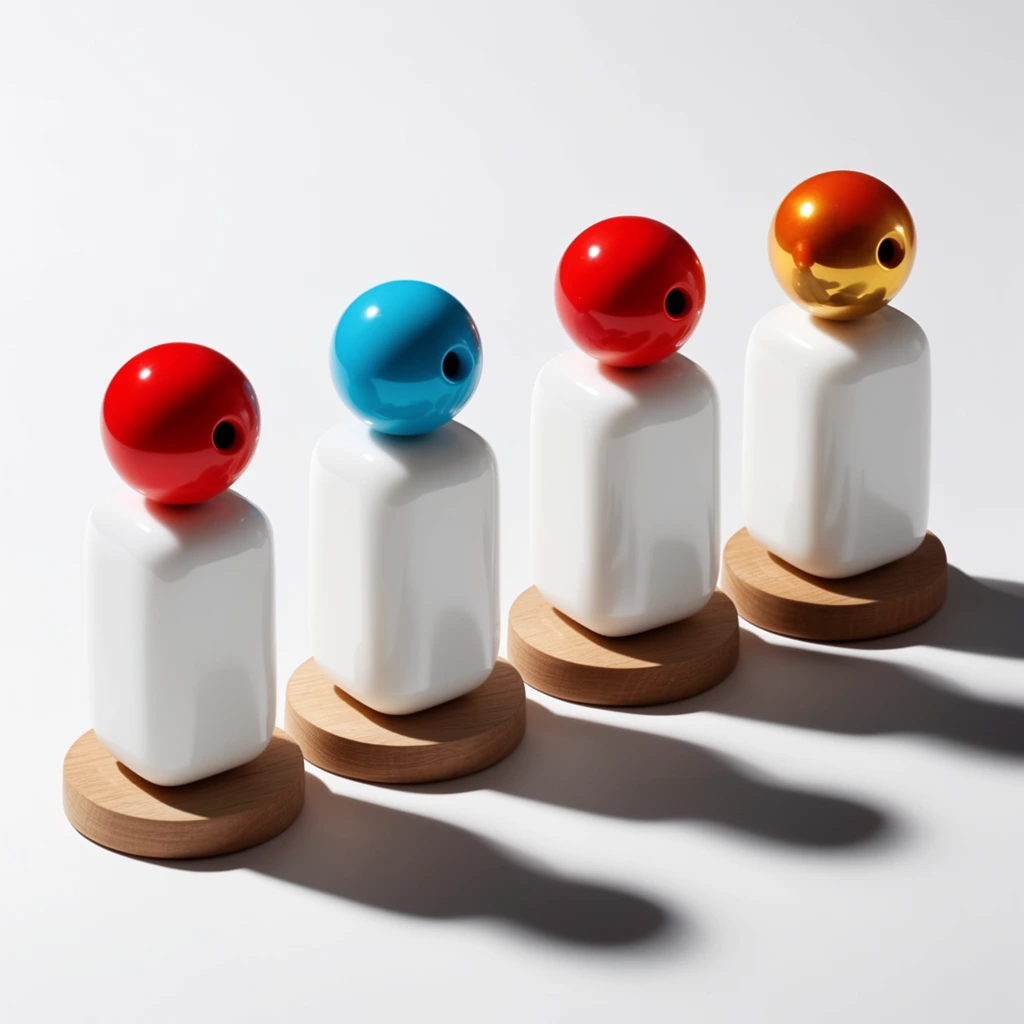 Four minimalist abstract figurines arranged diagonally on a stark white surface. Each object rests on a flat, circular wooden base supporting a glossy, opaque white rectangular body with smoothly rounded edges. Topping each white form is a highly polished, bright sphere—two red, one cyan-blue, and one golden-orange—featuring a small dark circular indentation. Strong directional studio lighting from the upper left casts crisp, elongated dark drop shadows to the lower right, highlighting the smooth textures and geometric precision of this modern product-style composition.