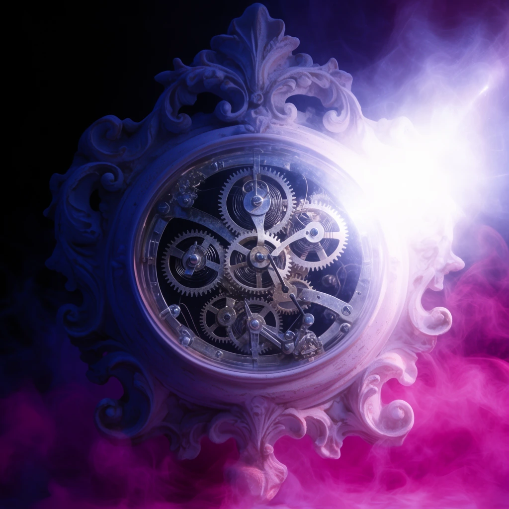 An ornate, pale sculpted frame encasing intricate exposed silver clockwork gears and springs. The baroque device is illuminated by an intense ethereal white glare on the right and deep indigo shadows on the left. Vibrant magenta smoke swirls around its base against a dark background, creating a surreal, mystical atmosphere.