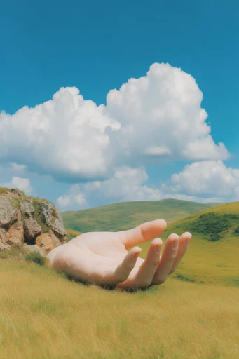 Surreal Liminal Pastoral style reference image — vivid blue sky