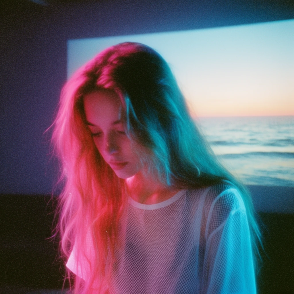 young woman with long flowing hair looking down, wearing a white sheer mesh top, intense dual-tone neon lighting, vibrant magenta illuminating the left side, striking cyan edge lighting on the right, dark room, large projection screen in background displaying a tranquil ocean horizon at twilight, analog film photography, heavy grain, soft focus, lo-fi aesthetic
