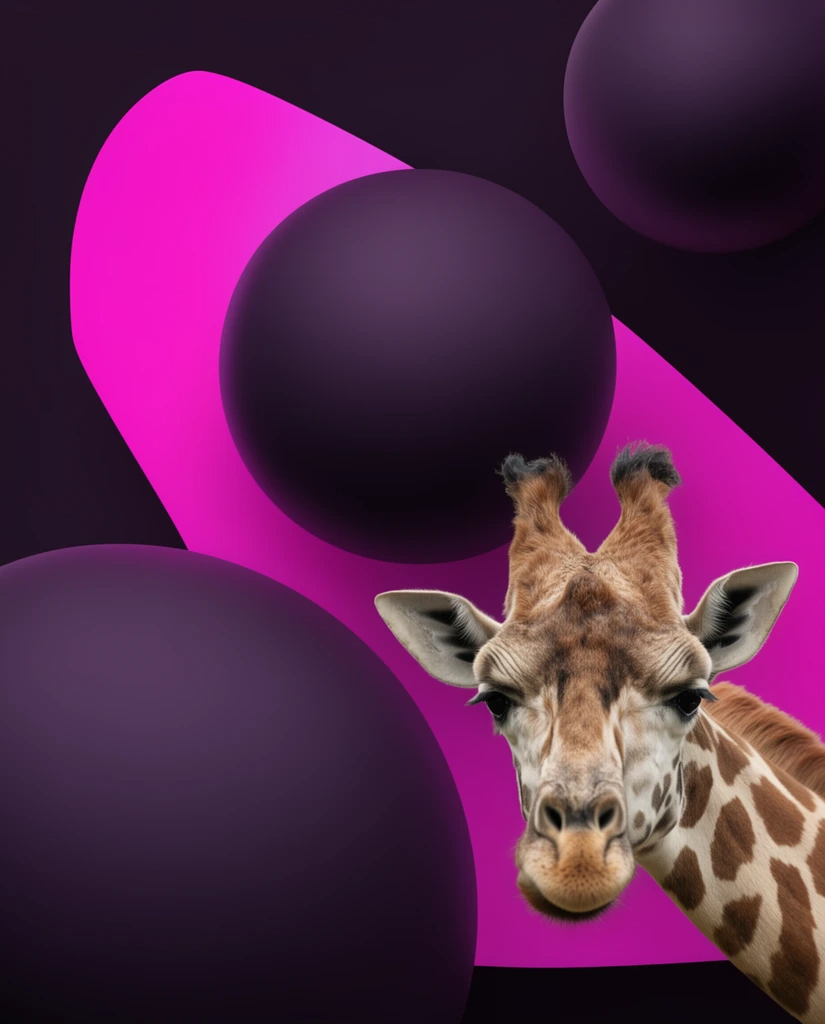 photorealistic giraffe head peering from bottom right, floating matte dark purple 3D spheres, dark background layered with a vibrant magenta abstract geometric shape, surreal graphic composition, high contrast