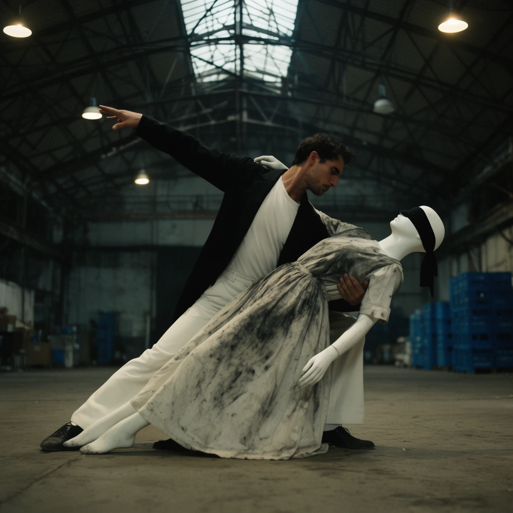A man in monochrome clothing performs a dramatic dance dip with a blindfolded mannequin inside a dimly lit industrial warehouse. Lunging deeply with one arm extended, the man in an open black jacket and white trousers supports the white figure, which is draped in a soot-streaked gown and a thick black eye band. The cavernous background features an arched roof with exposed metal trusses, a central skylight, glowing hanging lamps, and distant stacked blue crates. Shot from a low cinematic angle, the moody lighting and subtle film grain amplify the surreal choreography.