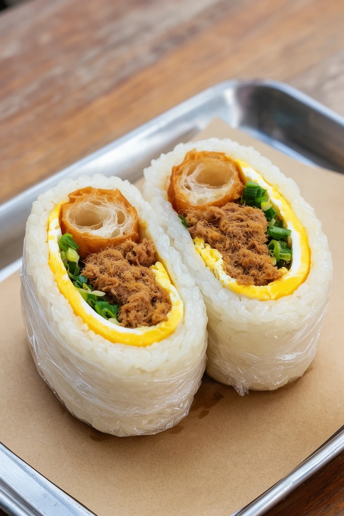A close-up macro photograph of a stuffed sticky rice roll sliced cleanly in half to reveal a colorful, textured cross-section. Clear plastic wrap tightly encases a thick outer shell of glossy white rice grains. Inside, a layer of cooked egg with a vibrant yellow yolk surrounds a dense core of fluffy brown shredded meat, vivid green scallions, and a piece of crispy, porous golden-brown fried dough. The two halves rest side-by-side on brown parchment paper over a brushed metal tray. A softly blurred wooden table fills the shallow background. Bright daylight highlights the contrasting textures of the crisp dough, tender egg, and sticky rice.