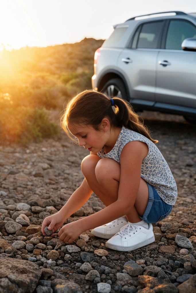 A young girl with a brown ponytail crouches on a rocky surface, arranging small stones. She wears a patterned sleeveless shirt, denim shorts, and white sneakers. Behind her sits a silver SUV. Warm golden-hour sunlight floods from the left, creating a soft lens flare and rim lighting against the blurred scrubland background.