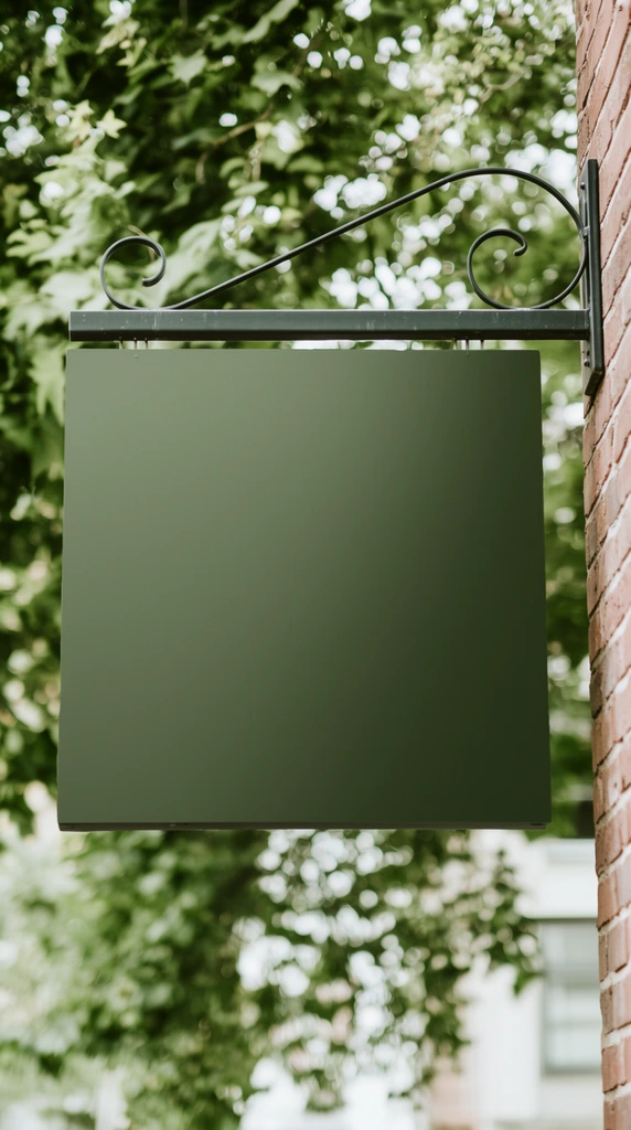 A solid dark olive-green square hanging sign extends gracefully from a textured red brick wall on the right side of the frame. The smooth, matte-finished sign is suspended by a black wrought-iron bracket featuring elegant, looping scrollwork. To the left and behind the sign, a dense canopy of lush green foliage is rendered in a soft, out-of-focus bokeh, providing a natural, verdant backdrop. Photographed with a shallow depth of field under diffused daylight, the composition draws immediate focus to the crisp edges of the hanging display against the organic, blurred leaves and the tactile white mortar joints of the masonry.