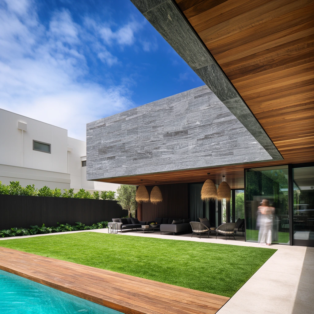 A modern architectural courtyard anchored by a massive textured grey stone overhang with a warm wood-paneled ceiling. Beneath the cantilevered roof sits an outdoor lounge featuring dark grey sofas, woven chairs, and fringed natural fiber pendant lights. A vibrant green manicured lawn fills the center, bordered by a turquoise swimming pool and wooden deck in the foreground left. Floor-to-ceiling glass doors on the right reveal an interior space with a blurred human figure. A dark privacy wall topped with foliage stands before a white minimalist building in the background. Bright daylight and a vivid blue sky with scattered clouds illuminate the crisp geometric lines. The wide-angle architectural photography emphasizes the stark contrast between heavy stone forms, warm wood tones, and vibrant natural elements.