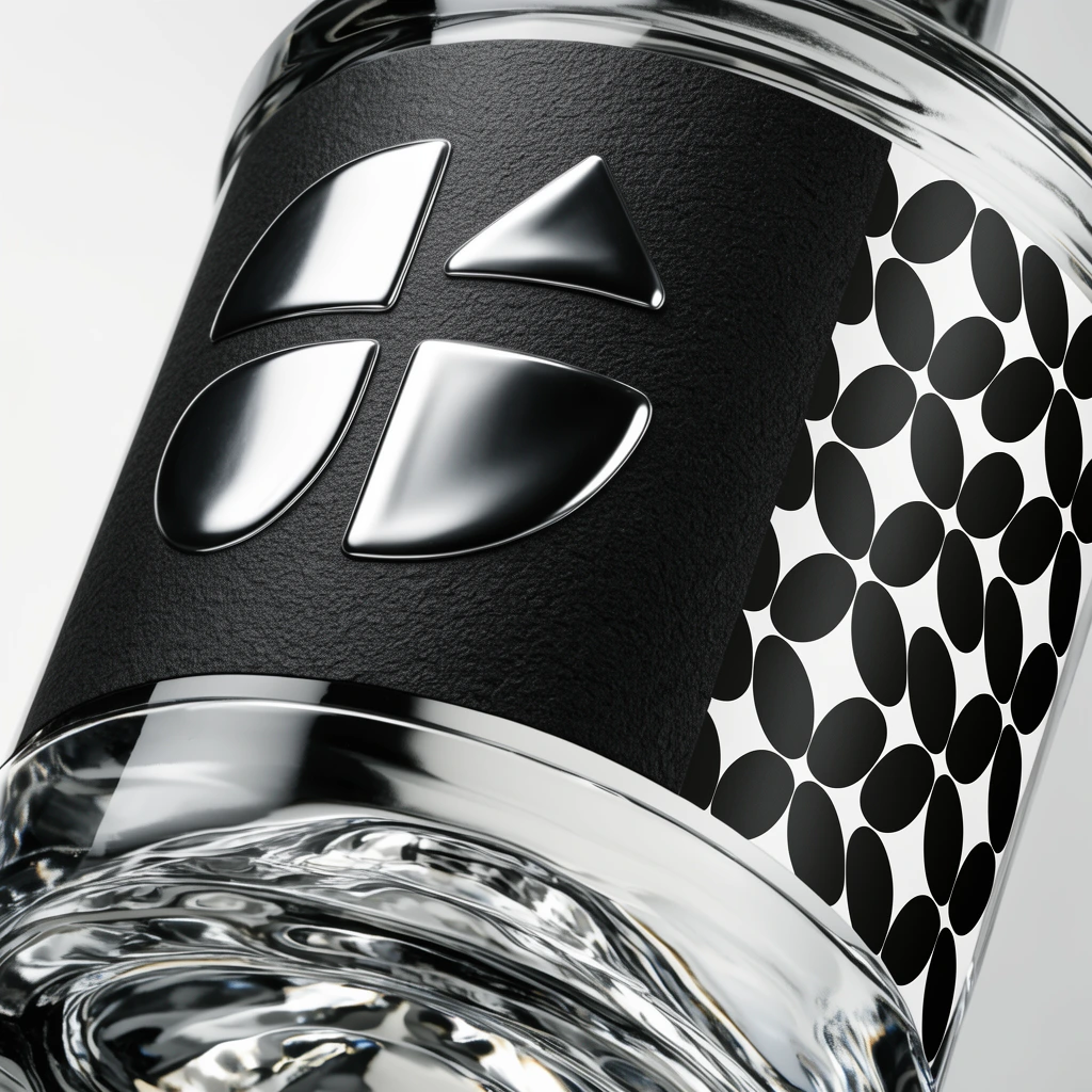 A macro photograph of a thick glass bottle featuring a textured matte black label adorned with glossy, embossed metallic silver geometric shapes. A graphic pattern of repeating black teardrop ovals on a white background wraps around the right curve. Crisp studio lighting creates sharp specular highlights and wavy optical distortions through the clear glass base, highlighting the high-contrast interplay between the rough dark label and sleek reflective details.
