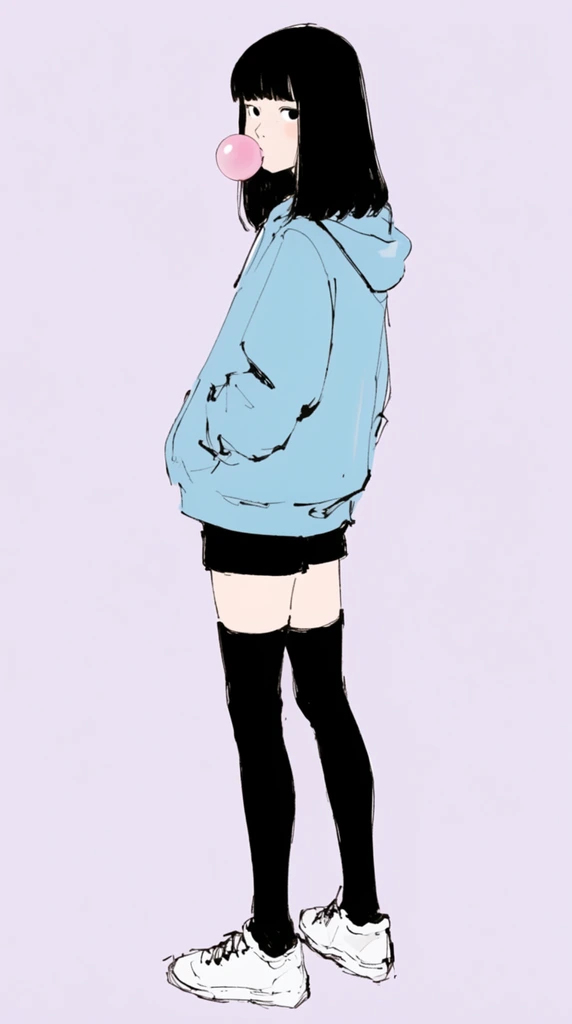 A minimalist illustration of a young woman looking over her left shoulder, blowing a pink bubblegum bubble. She has straight black hair with blunt bangs and wears a light blue hoodie with hands tucked in the pockets, black shorts, black thigh-high socks, and white sneakers. The artwork features sketchy black ink linework and flat digital coloring against a solid pale lavender background, creating strong contrast between the heavy black shapes and pastel tones.