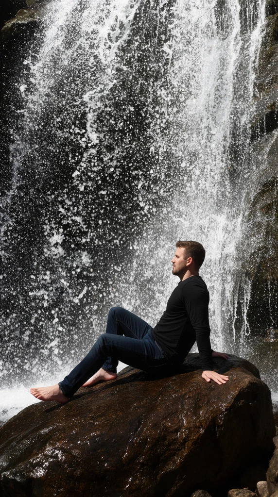A barefoot man wearing a black long-sleeved shirt and dark blue jeans sits on a wet, dark brown boulder directly beneath a roaring waterfall. He leans back on his hands with knees bent, viewed in profile. Behind him, a massive cascade of water shatters into thousands of brilliant white droplets frozen in mid-air against a shadowed rock face. Strong sunlight illuminates the dense spray, creating a high-contrast, dynamic nature photograph captured with a fast shutter speed.