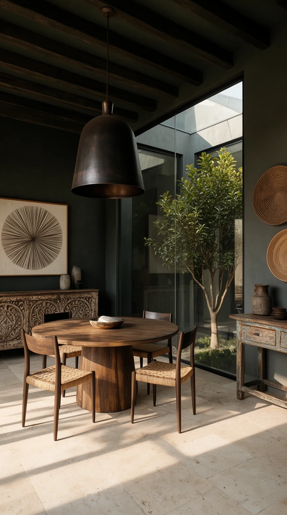 A rustic-modern dining room bathed in warm natural sunlight casting striking shadows across a pale stone floor. A round wooden table and four woven-seat chairs sit beneath a massive, dark bell-shaped metal pendant light. Beside the dining area, a glass-enclosed architectural lightwell houses a leafy green tree. To the left, a heavily carved sideboard sits below framed artwork of a radial fan pattern. On the right, a distressed wooden console table stands under woven circular wall hangings. Dark exposed ceiling beams frame the earthy, sophisticated space, highlighting a palette of deep browns, muted greens, and charcoal grays.