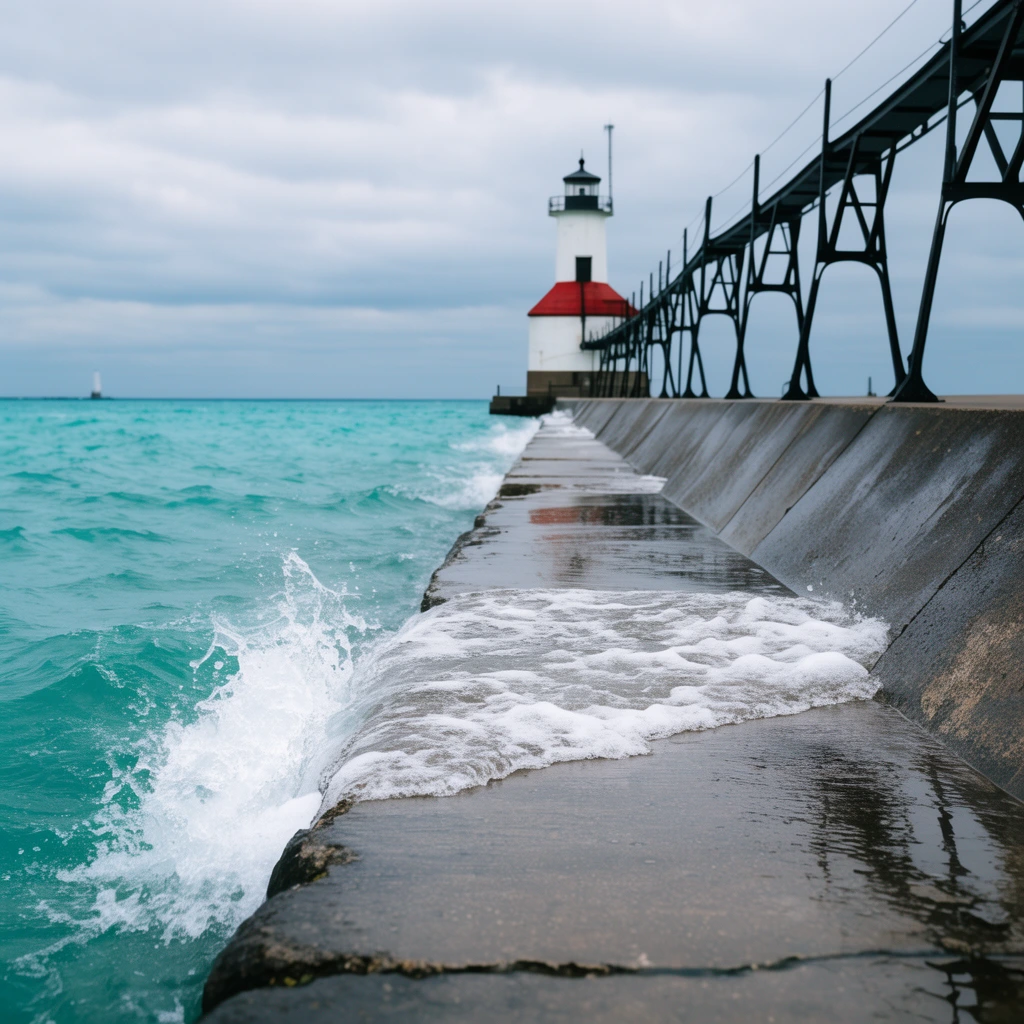 wet concrete pier, small waves crashing over the edge, white foam, distant white lighthouse with red roof, elevated black metal catwalk, turquoise water, overcast sky, low angle coastal photography