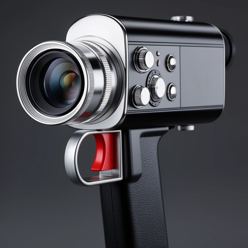 retro pistol-grip video camera, sleek black and silver metal body, prominent multi-ringed lens, side panel with dials and round buttons, silver finger loop with bright red inner trigger, textured black handle, smooth dark gray background, crisp product photography
