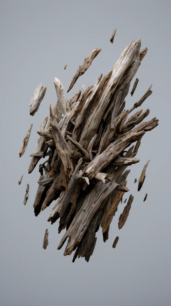 floating cluster of weathered driftwood, suspended in mid-air, zero gravity, rough splintered edges, deep wood grain, dense central mass, scattered shards drifting outward, solid light grey background, soft diffused lighting, high resolution