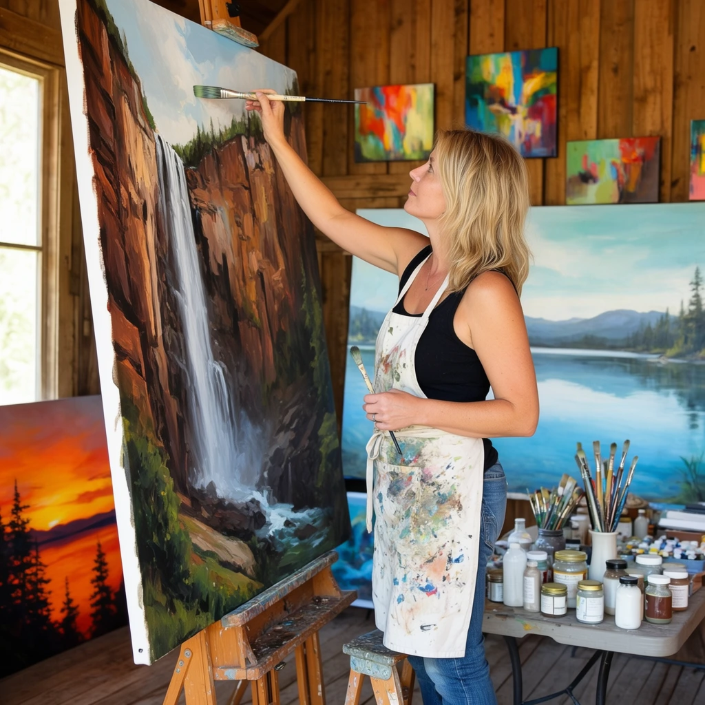 A blonde woman in a black tank top, blue jeans, and a heavily paint-splattered white apron stands on a wooden stepladder, reaching upward to paint a large vertical canvas on an easel. She presses a long, thin paintbrush against a landscape painting of steep brown canyon walls and a cascading white waterfall. Her left hand holds a second brush near her waist. The rustic studio features vertical wooden plank walls illuminated by bright natural light. A table to the right holds clusters of jars, bottles, and upright paintbrushes. The surrounding space displays various artworks, including a large horizontal lakeside landscape behind her, a vibrant orange sunset with dark pine silhouettes resting on the wooden floor, and smaller colorful abstract pieces hanging on the back wall.