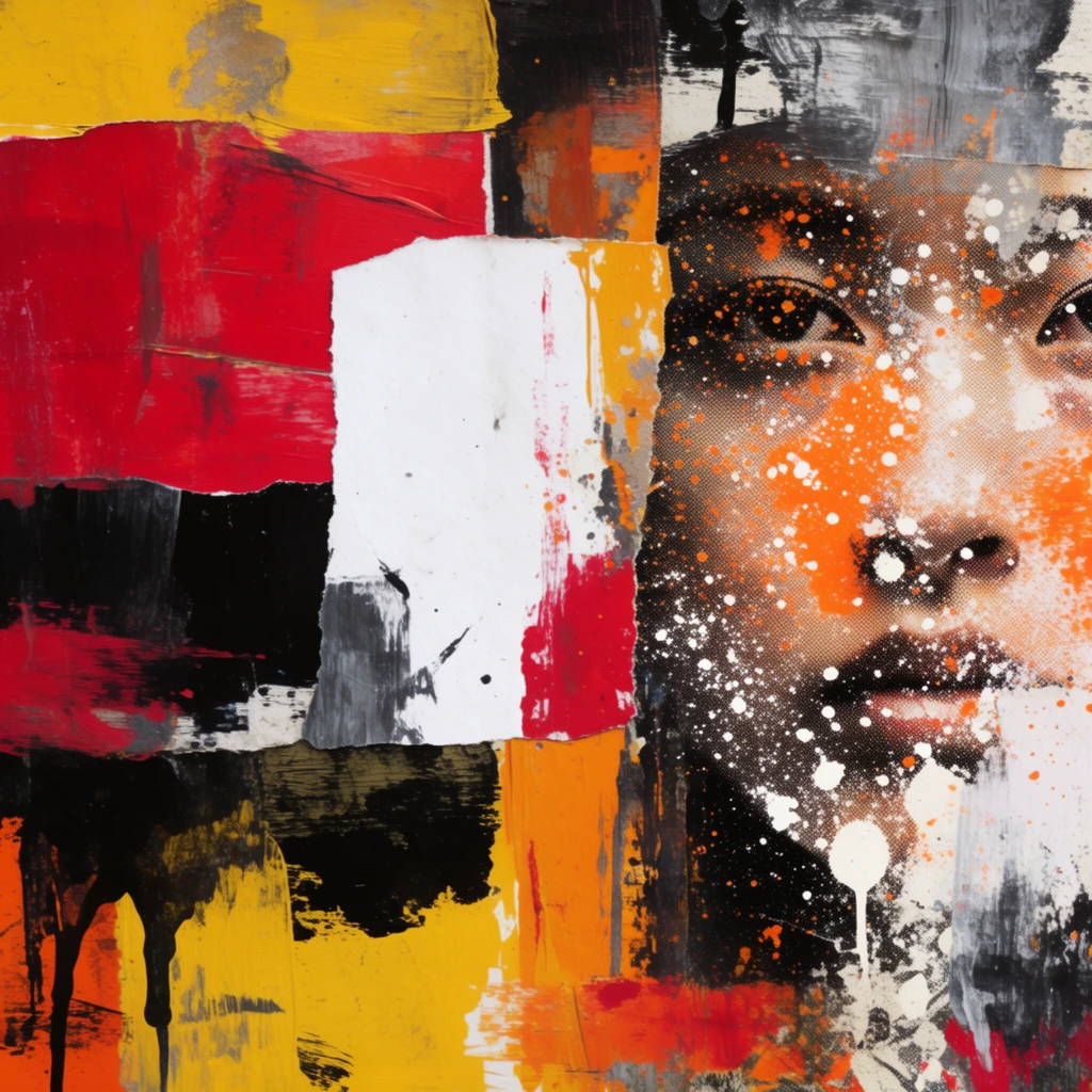 A mixed-media urban collage featuring layered torn paper, thick paint strokes, and expressive splatters. A halftone photographic portrait of a face emerges on the right side, covered by heavy white and orange speckling. The haphazard composition contains overlapping rectangular blocks of vibrant crimson, bright mustard yellow, deep black, and stark white. Rough brushstrokes and dripping ink patterns establish a distressed grunge aesthetic. A prominent solid white paper fragment sits amidst chaotic layers of saturated color blocks, unifying the raw and textured street art.